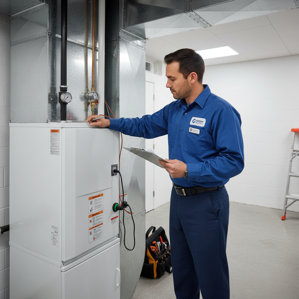 Professional HVAC technician inspecting residential furnace for maintenance in Toronto home