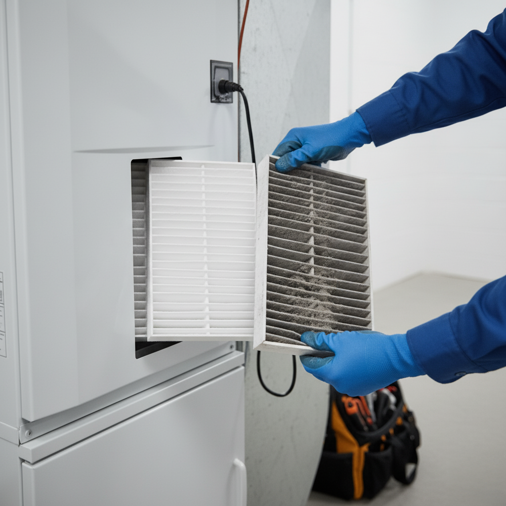 Replacing dirty furnace air filter with new clean filter for better efficiency
