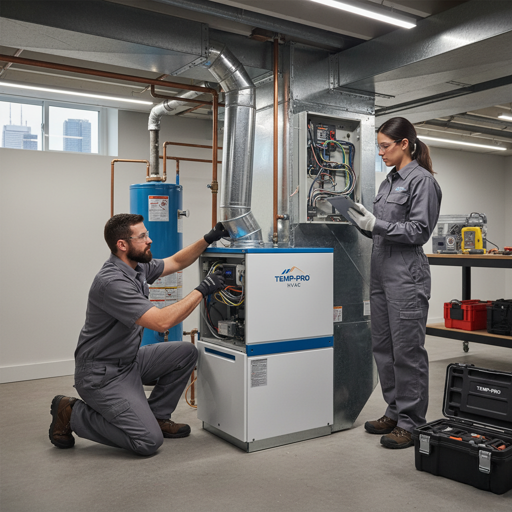HVAC technicians installing new high-efficiency furnace in Toronto home basement